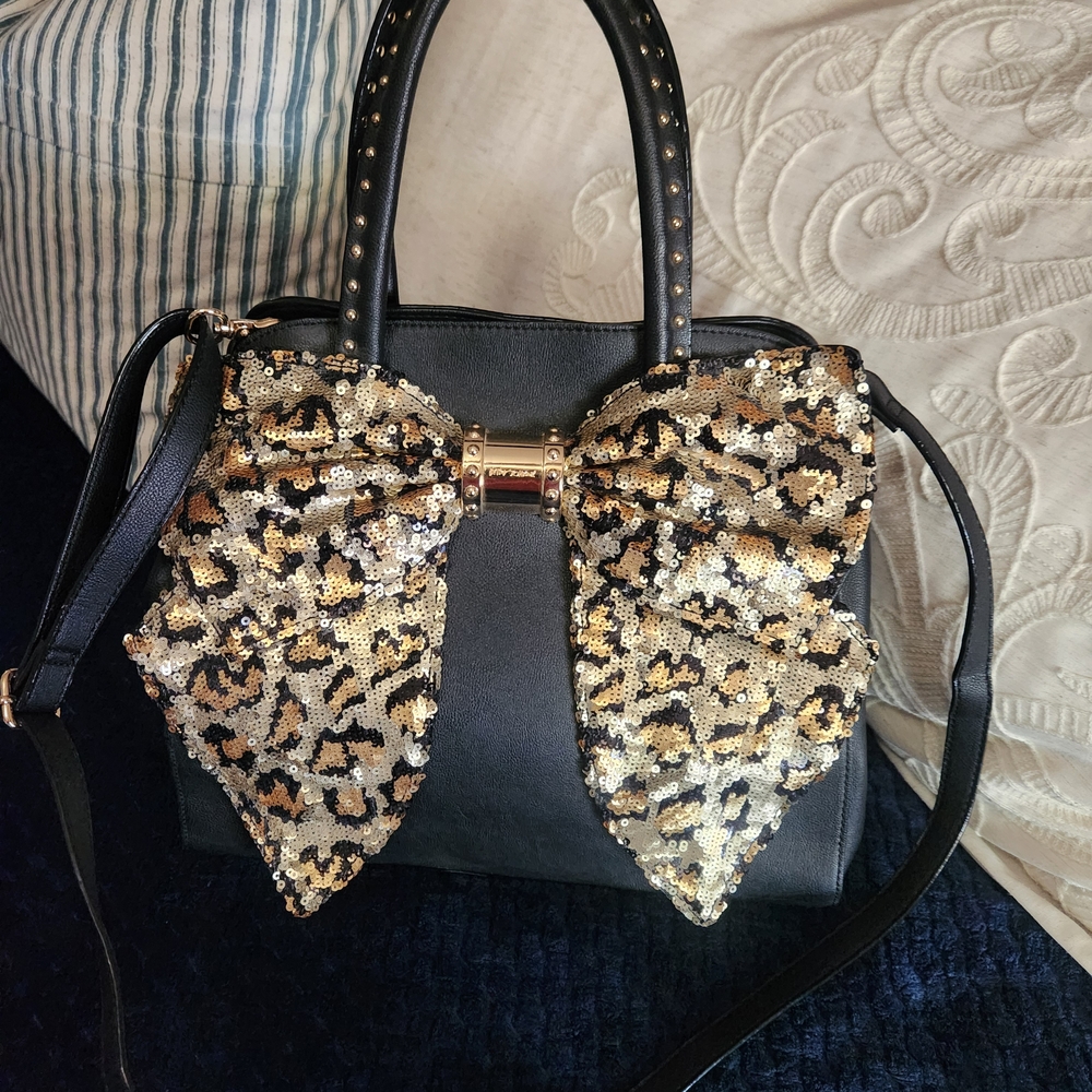 Betsey Johnson Black and Gold Leopard Sequin Bow Bag